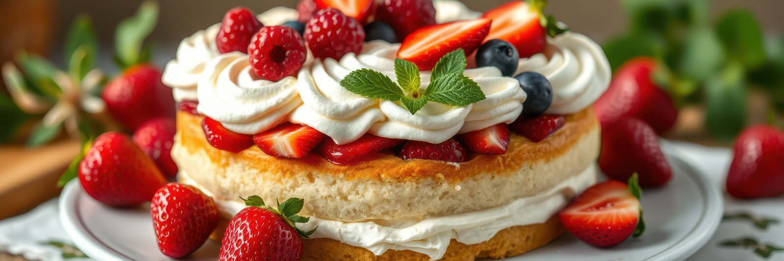 Delicious layered cake topped with fresh fruits and whipped cream displayed on a table with strawberries and mint leaves
